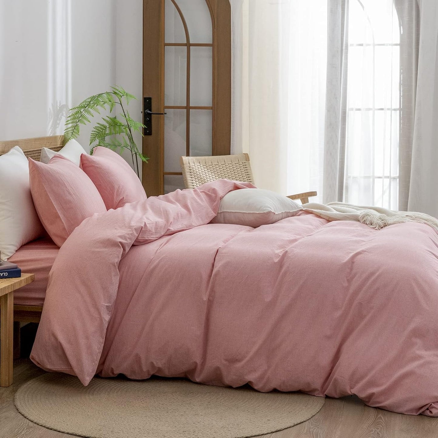 BESTOUCH Duvet Cover Set 100% Washed Cotton Linen Feel Super Soft Comfortable Chic Lightweight 3 PCs Home Bedding Set Solid Red Pink Queen