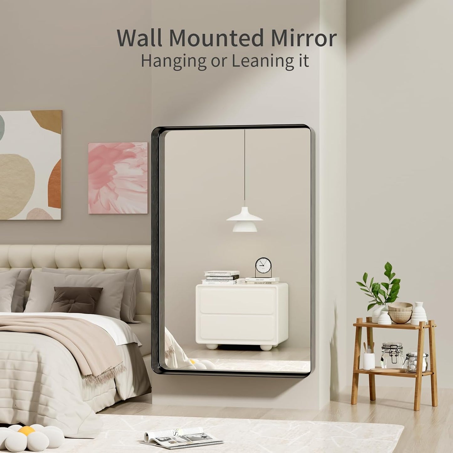 Koonmi Black Wall Mirror for Bathroom, 36x55 Inch Matte Deep Framed Rounded Rectangle Vanity Mirror for Farmhouse Living Room, Tempered Glass, Anti-Rust, Vertically or Horizontally