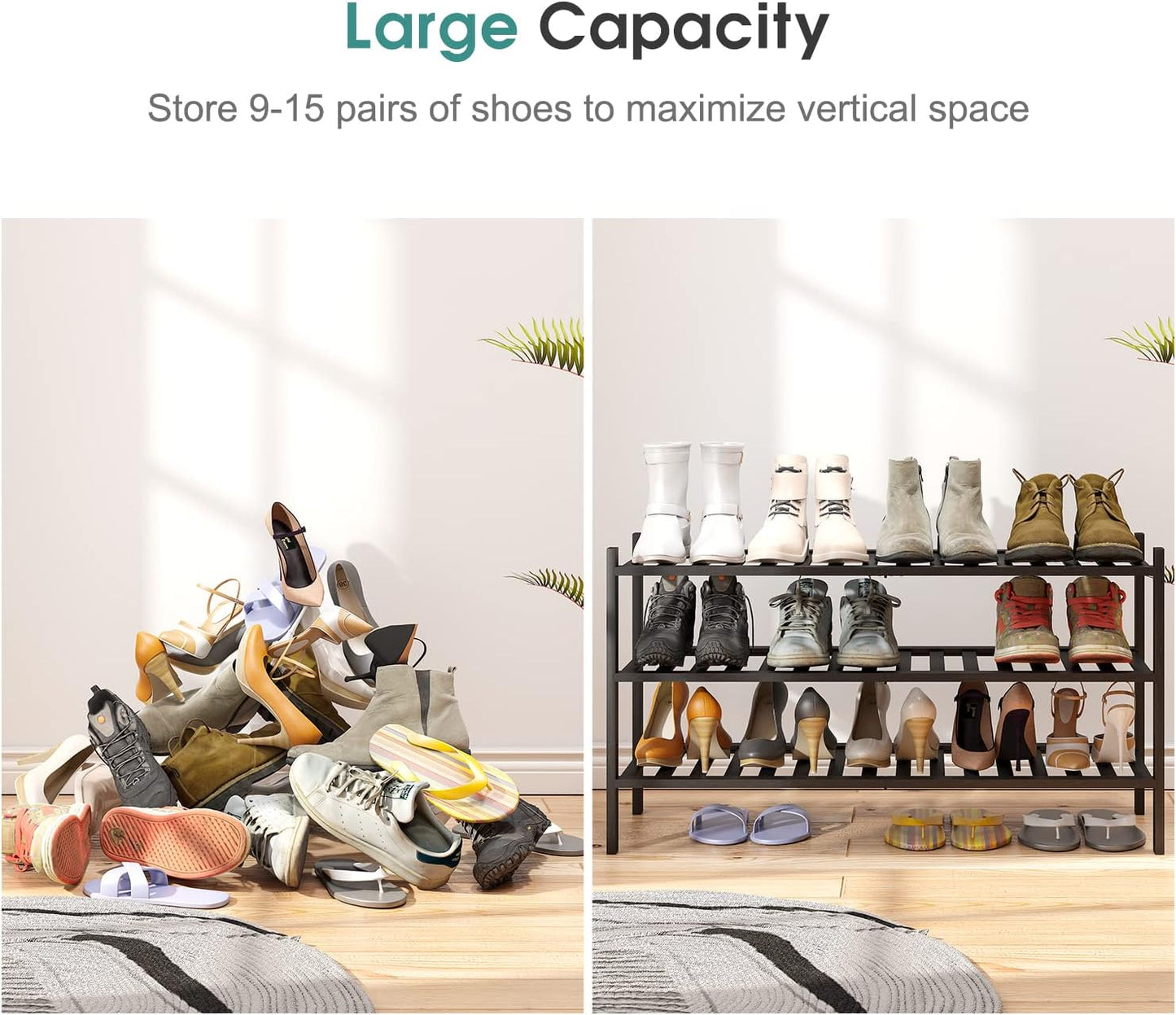 3-Tier Long Black Shoe Rack, Bamboo Wood Shoe Rack for Closet, Entryway & Hallway, Stackable | Functional | Sturdy