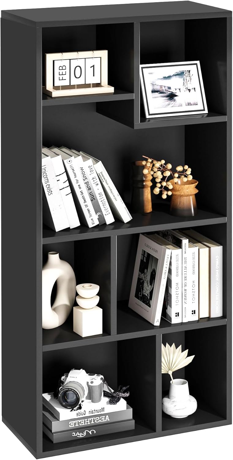 VECELO 42 Inch High Bookcase, 4-Tier Modern Storage Cabinet with Height Difference Shelves for Standard Textbooks, Floor Standing, 7 Cubes, Horizontal Available, Easy Assembly, Vintage Black