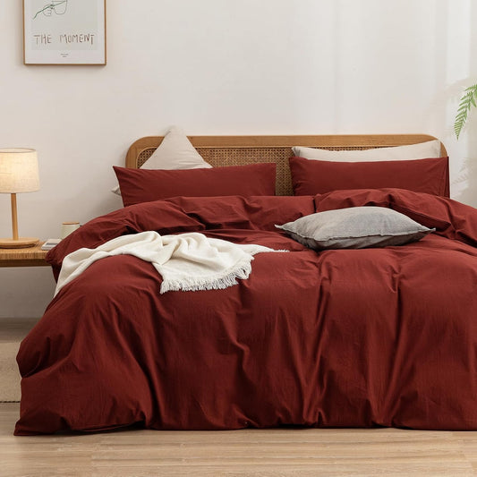 BESTOUCH Duvet Cover Set 100% Washed Cotton Linen Feel Super Soft Comfortable Chic Lightweight 3 PCs Home Bedding Set Solid Fired Brick Red Super King Plus
