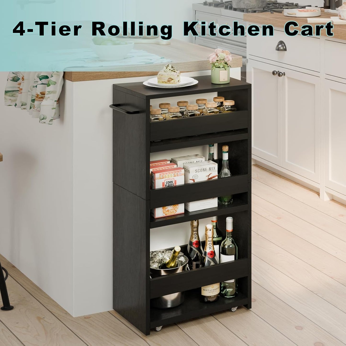 MARTY Rolling Storage Cart 7.9" W, 4-Tier Kitchen Cart with Wheels Handle, Slim Storage Cart Mobile Shelving Utility Carts for Bathroom Laundry Room Organization Narrow Places (All Black)