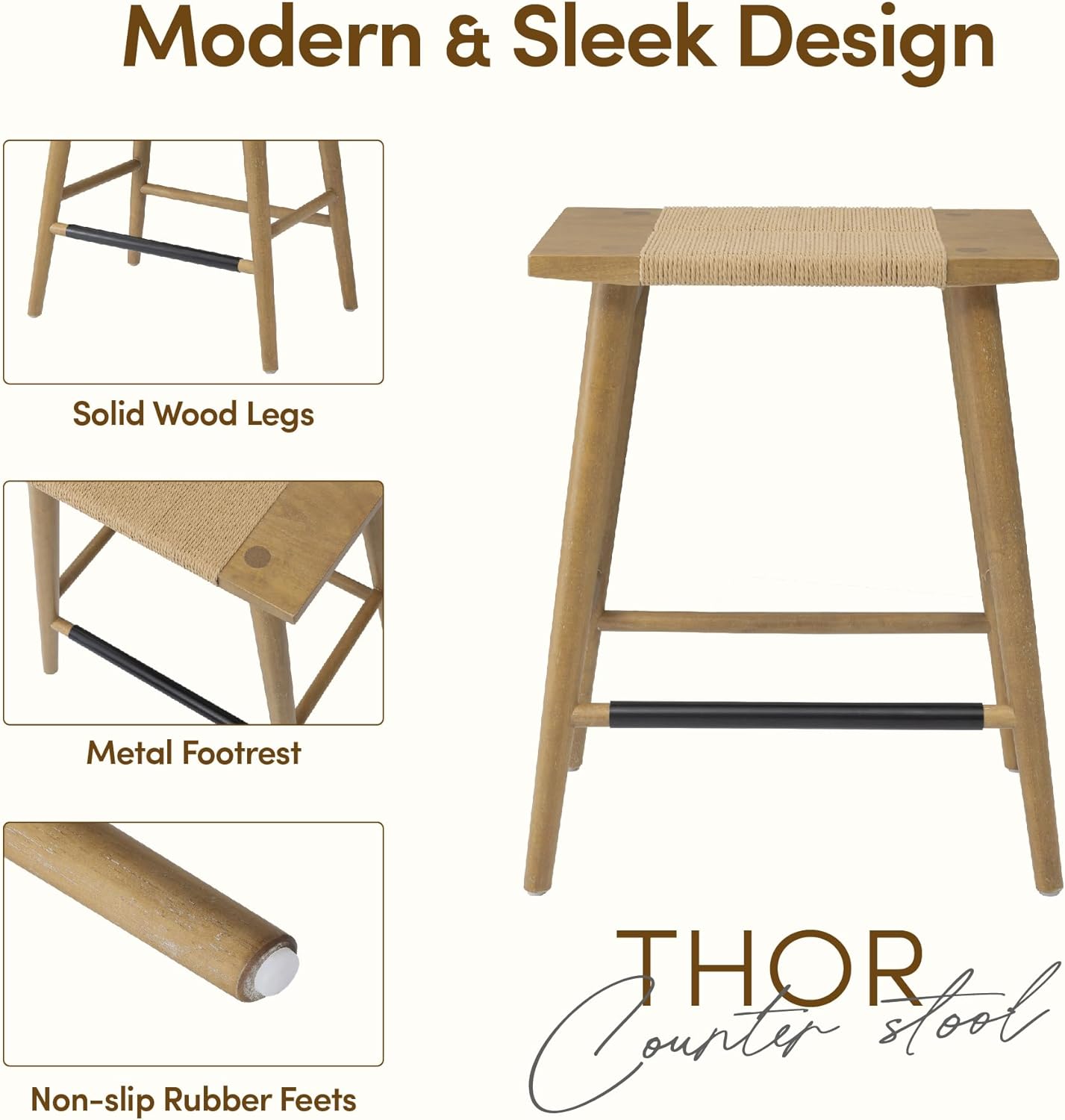 Thor Wicker Counter Height Wooden Counter Stool with Hand-Knitted Rope, K/D, Backless Island 24" Wicker Stool for Kitchen, Solid Wood, Eco-Friendly, Modern Design (Light Brown)