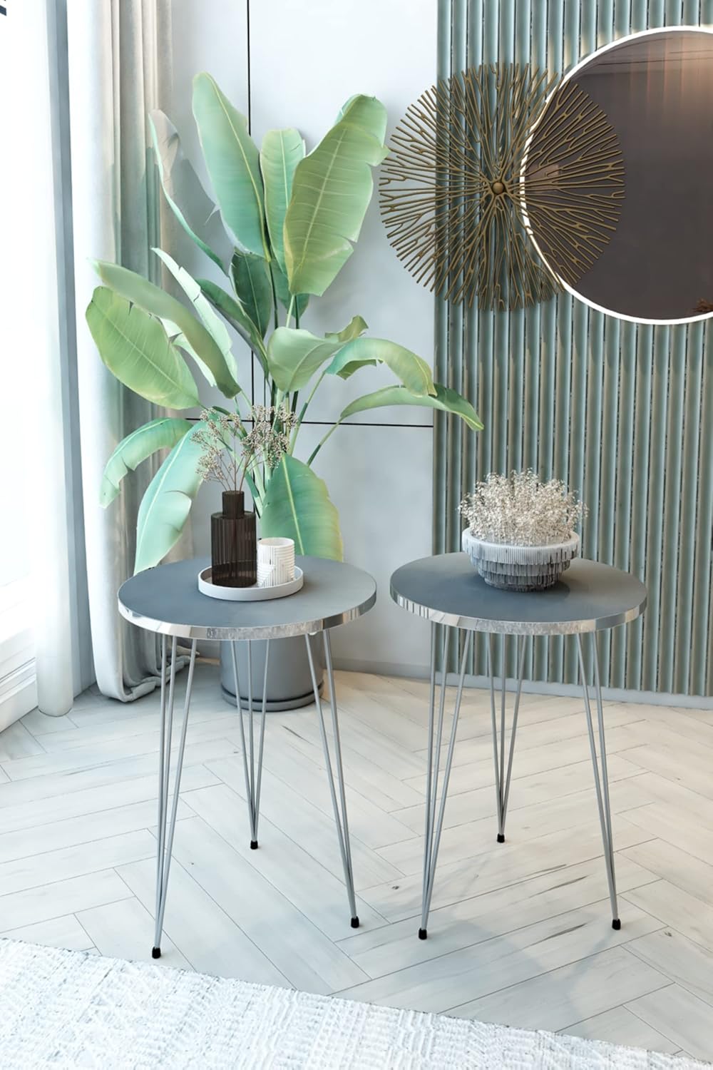 PAK HOME - Set of 2 End Table - High Gloss Grey Wood Round Sofa Side Coffee Tables for Small Spaces, Nightstand Bedside Table with Metal Silver Legs for Small Spaces