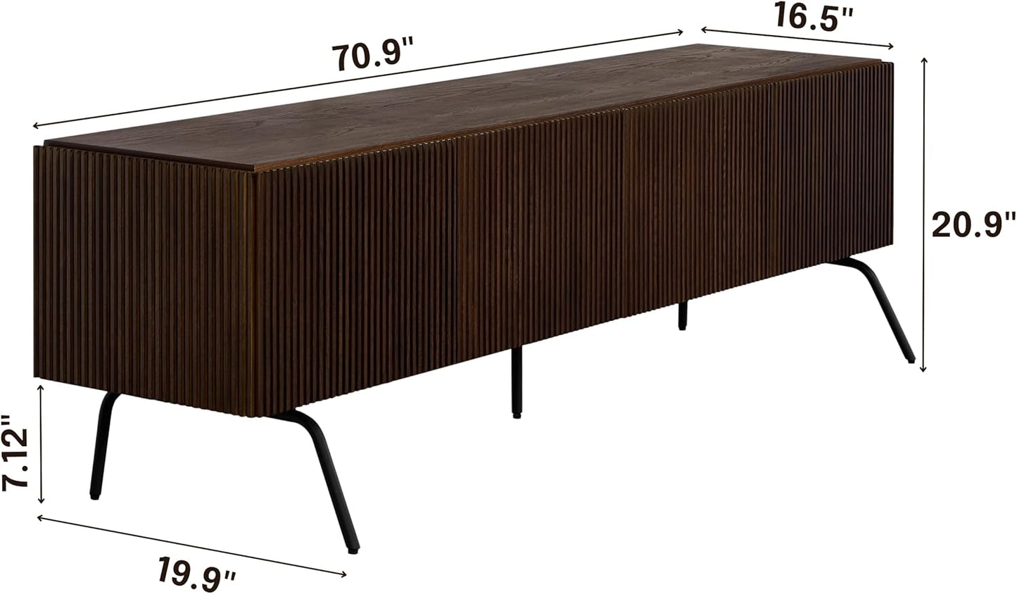 NTC Veil TV Stand with 4 Doors for TVs up to 75’’, Media Console with Vertical Groove Design and Metal Legs, Modern Entertainment Center for Living Room and Bedroom, Effortless Assembly, Dark Walnut