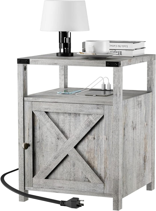 Farmhouse Nightstand with Charging Station, Grayish White End Table Bedroom with Storage Living Room Side Table Beige Night Stand Industrial Bedside Bed Table with USB Ports and Outlets