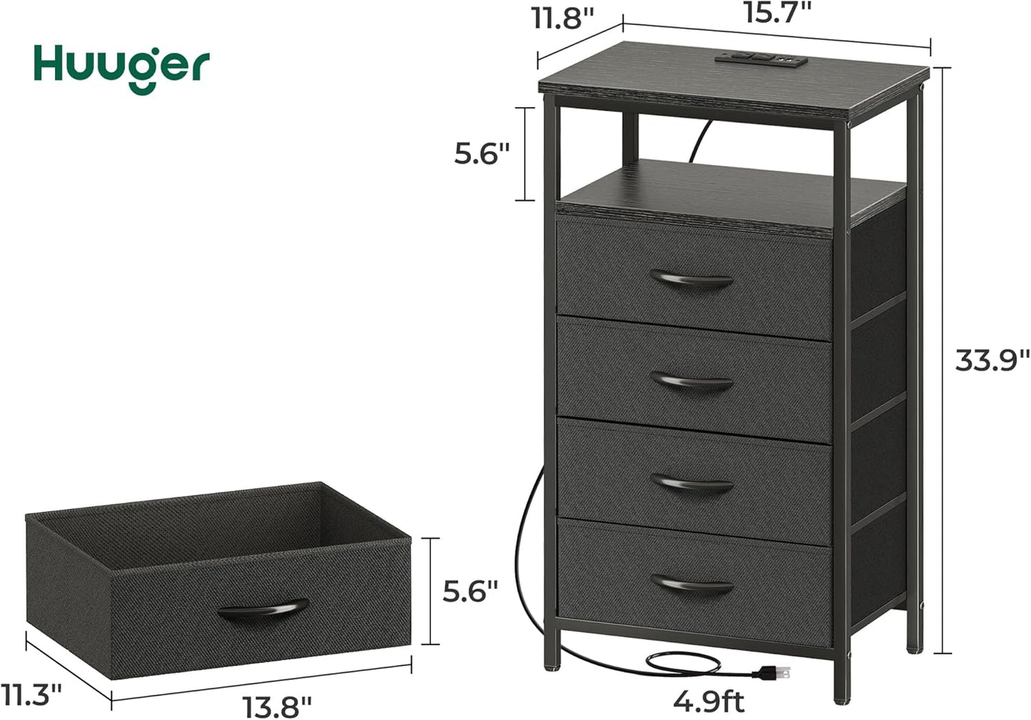 Huuger Night Stand with Charging Station, 4 Drawer Dresser for Bedroom, Bedside Table, 33.9 Inch Tall Nightstand with Open Shelf, End Table, for Closet, Entryway, Bedroom, Black