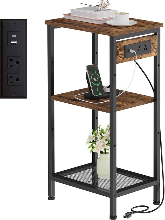 Tall End Table with Fast Charging Station, 3 Tier Narrow Side Table with Outlets and USB Ports & Type-C, Nightstand with Storage, Bedside Table Stand for Bedroom, Living Room, Rustic Brown