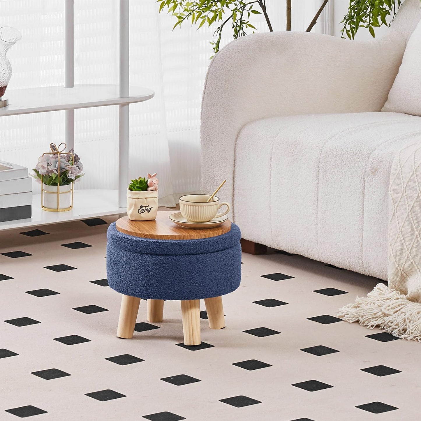 Wimarsbon Storage Ottoman, Modern Round Footrest with Soft Padded Seat, Teddy Velvet Footstool with Wood Legs, Accent Small Table or Plant Stand for Hallway, Living Room (Grey-Blue)