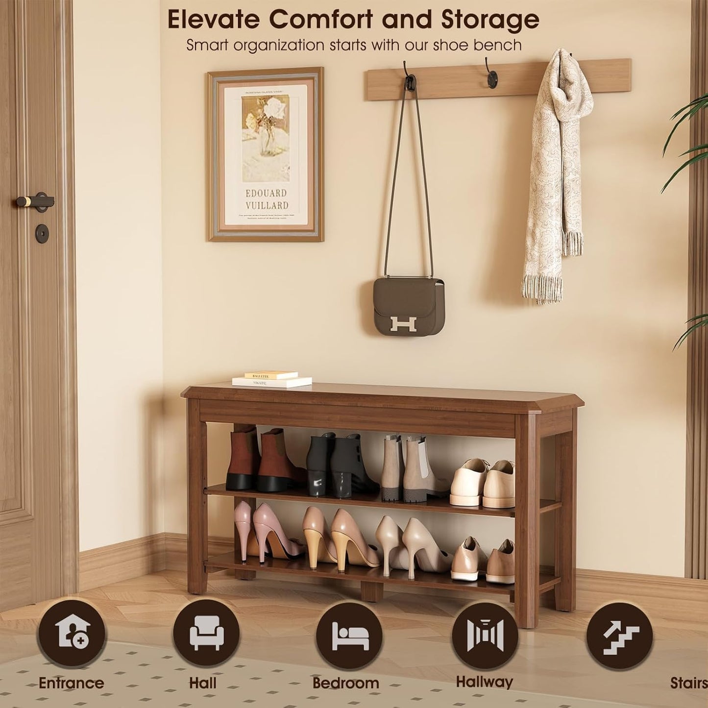 Shoe Rack for Front Door Entrance, Solid Wood Shoe Bench for Closet, Holds Up to 550lbs, Shoe Rack Bench for Entryway, Mudroom, Hallway