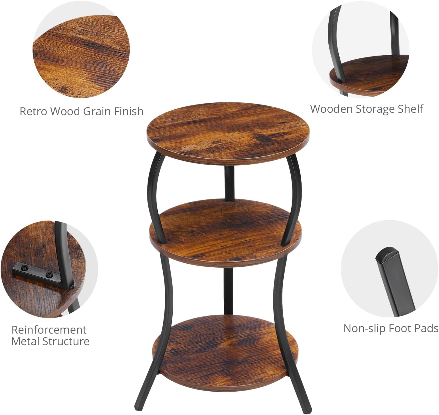 Vintage Small Round Side Table, 3-Tier Slim Waist Circular End Table with Storage Shelf, Compact Tea Sofa Table, Round Corner Coffee Table Nightstand for Living Room Bedroom Small Spaces,Rustic Brown