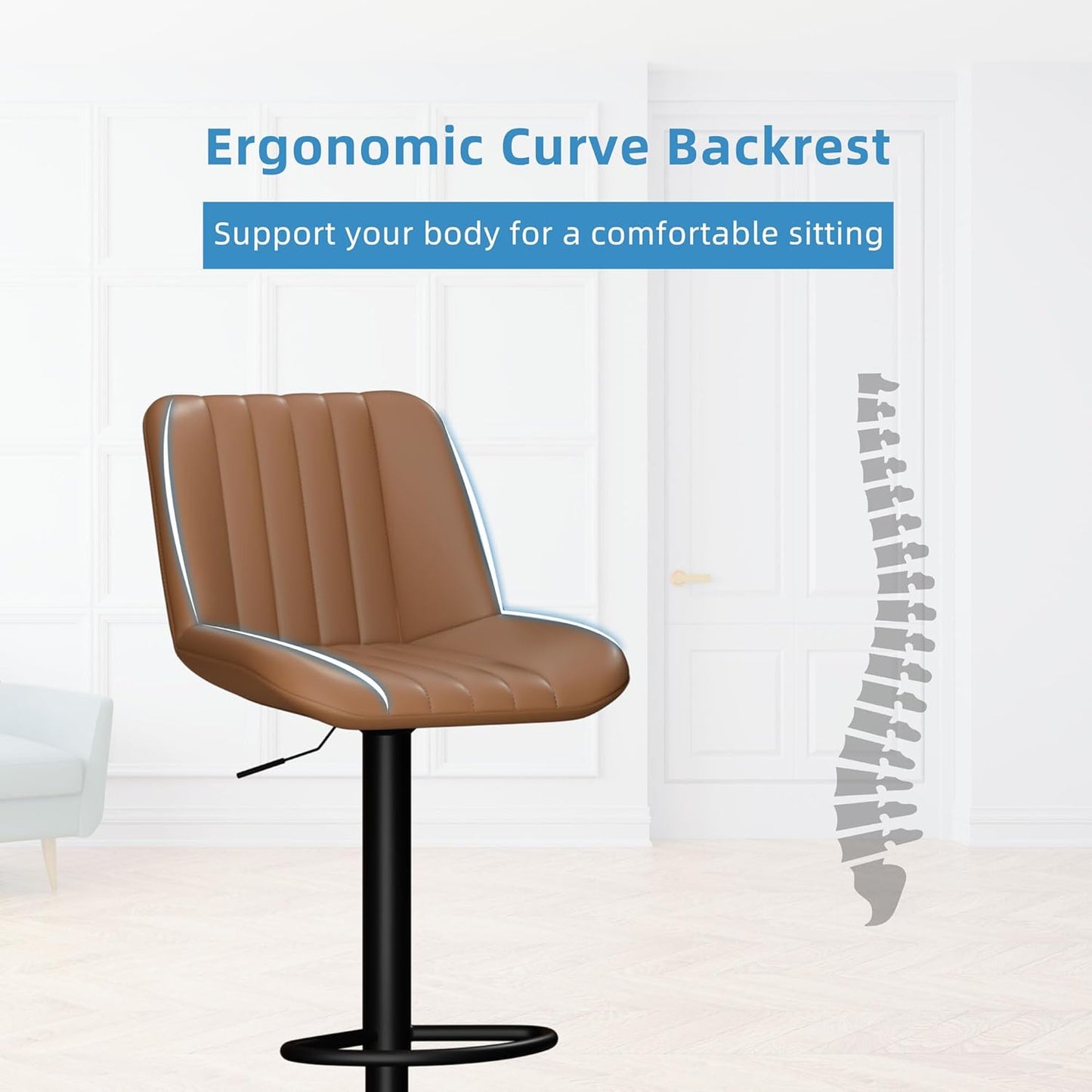 Shintenchi Swivel Bar Stools Set of 4, Adjustable Faux Leather Upholstered Swivel Counter Stools, Armless Bar Height Island Chairs with Back and Footrest, Brown