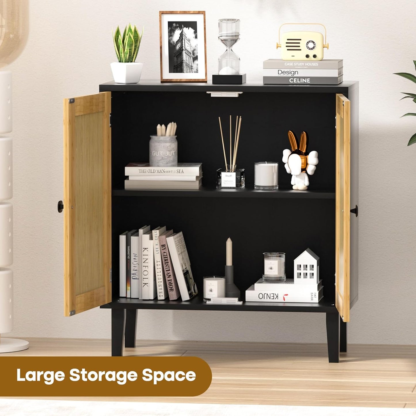 Bamboo Sideboard Buffet Cabinet with Rattan 2 Doors Kitchen Cupboard Accent Entryway Living Room Cabinet Black