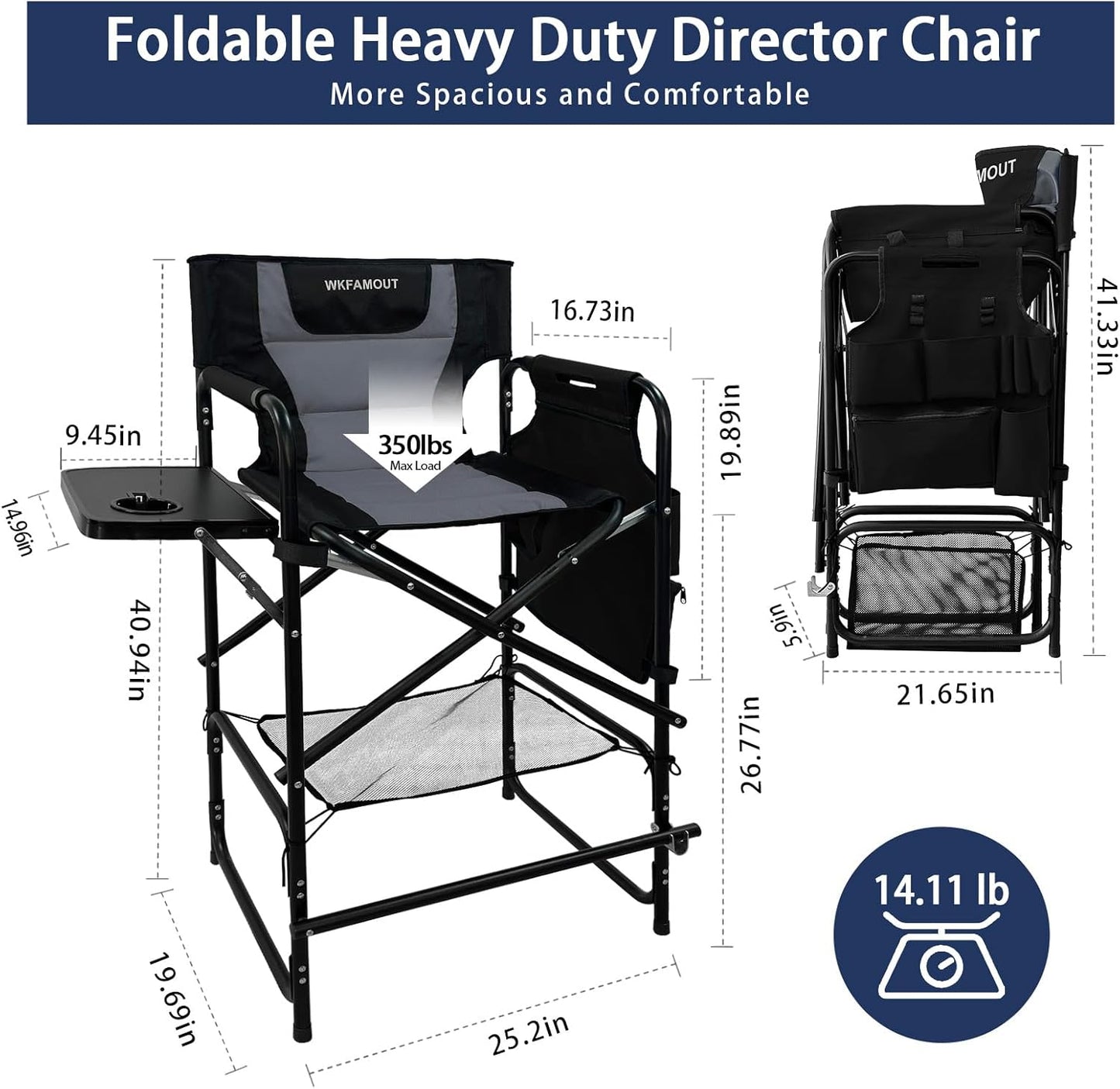 Tall Folding Directors Chair with Side Table 26.77" Seat Height Foldable Camping Chair Bar Stool for Makeup Artist Face Painting with Footrest and Storage Pocket Supports 350LBS