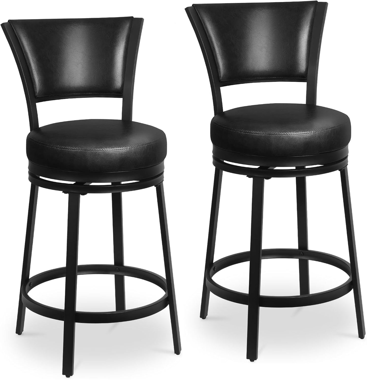Bar Stools, 25 Inch Metal Counter Height Barstools Set of 2, Faux Leather Round 360° Swivel Bar Chairs with Backrest, Modern Swivel Bar Stool for Kitchen Island, Black