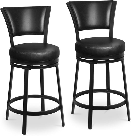 Bar Stools, 25 Inch Metal Counter Height Barstools Set of 2, Faux Leather Round 360° Swivel Bar Chairs with Backrest, Modern Swivel Bar Stool for Kitchen Island, Black