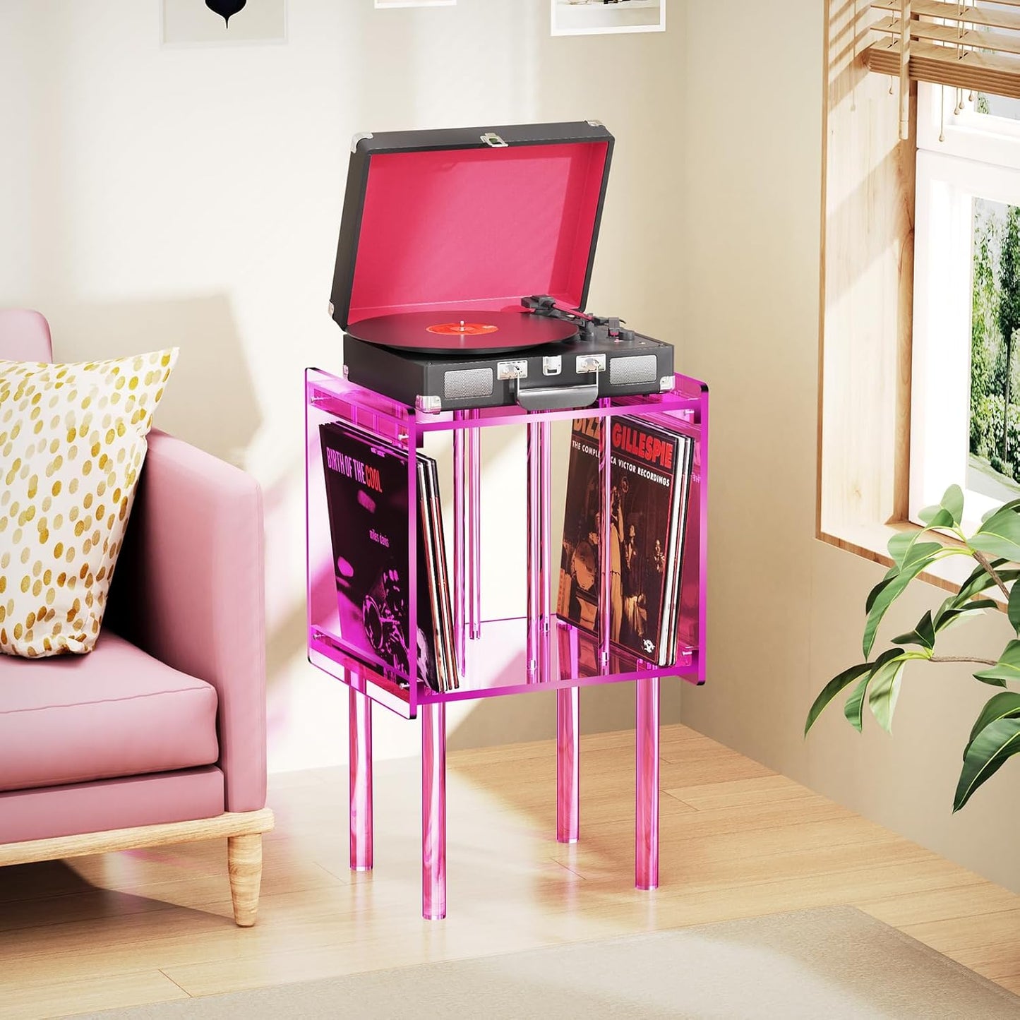 Acrylic Record Player Stand, with Vinyl Storage, Clear Acrylic Side Table, Pink (Pink)