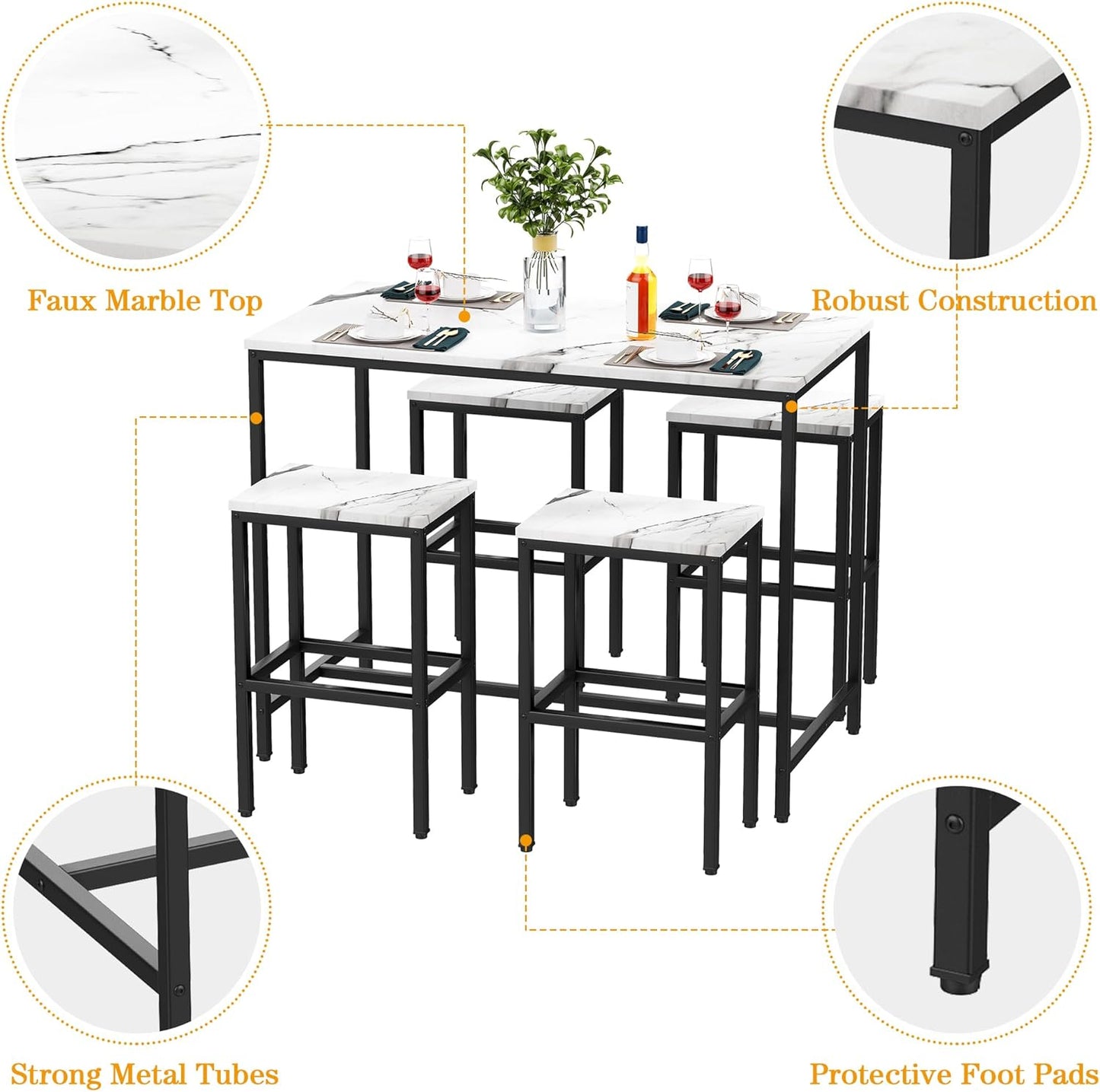 Aklaus 5 Piece Bar Table Set Kitchen Dining Table Set for 4 Modern Counter Height Bar Table with Bar Stools Set of 4 Faux Marble Top Pub Table and Stools for Dining Room Breakfast Nook Home Bar