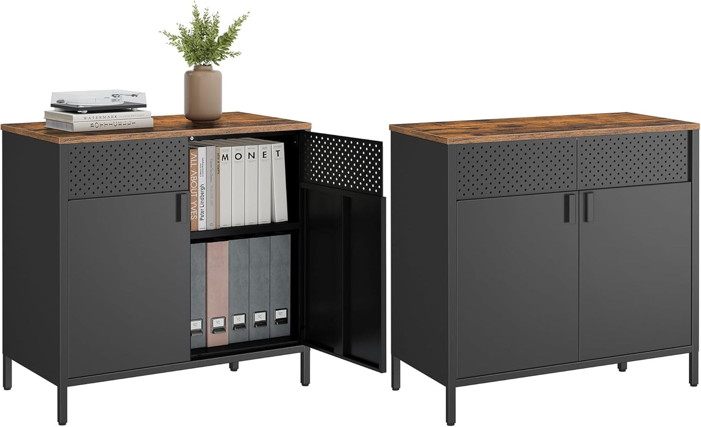SONGMICS Set of 2 Storage Cabinets, Metal Cabinet, Sideboard with 2 Doors, 15.7 x 31.5 x 29.9 Inches, Magnetic Closure, Adjustable Shelf, Steel Frame, Rustic Brown and Black ULSC791B01