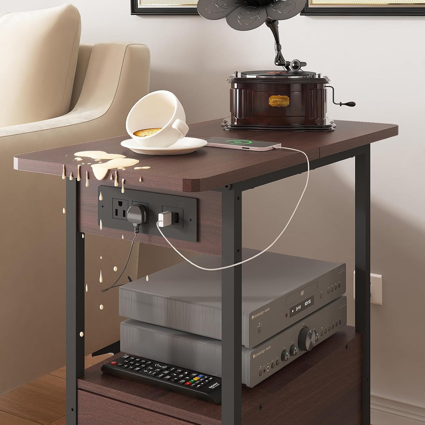 LIDYUK End Table with Charging Station, Narrow Side Table with Drawer and USB Ports & Power Outlets, Nightstand Bedside Tables for Small Spaces, Bedroom, Living Room, Dark Cherry, Set of 2