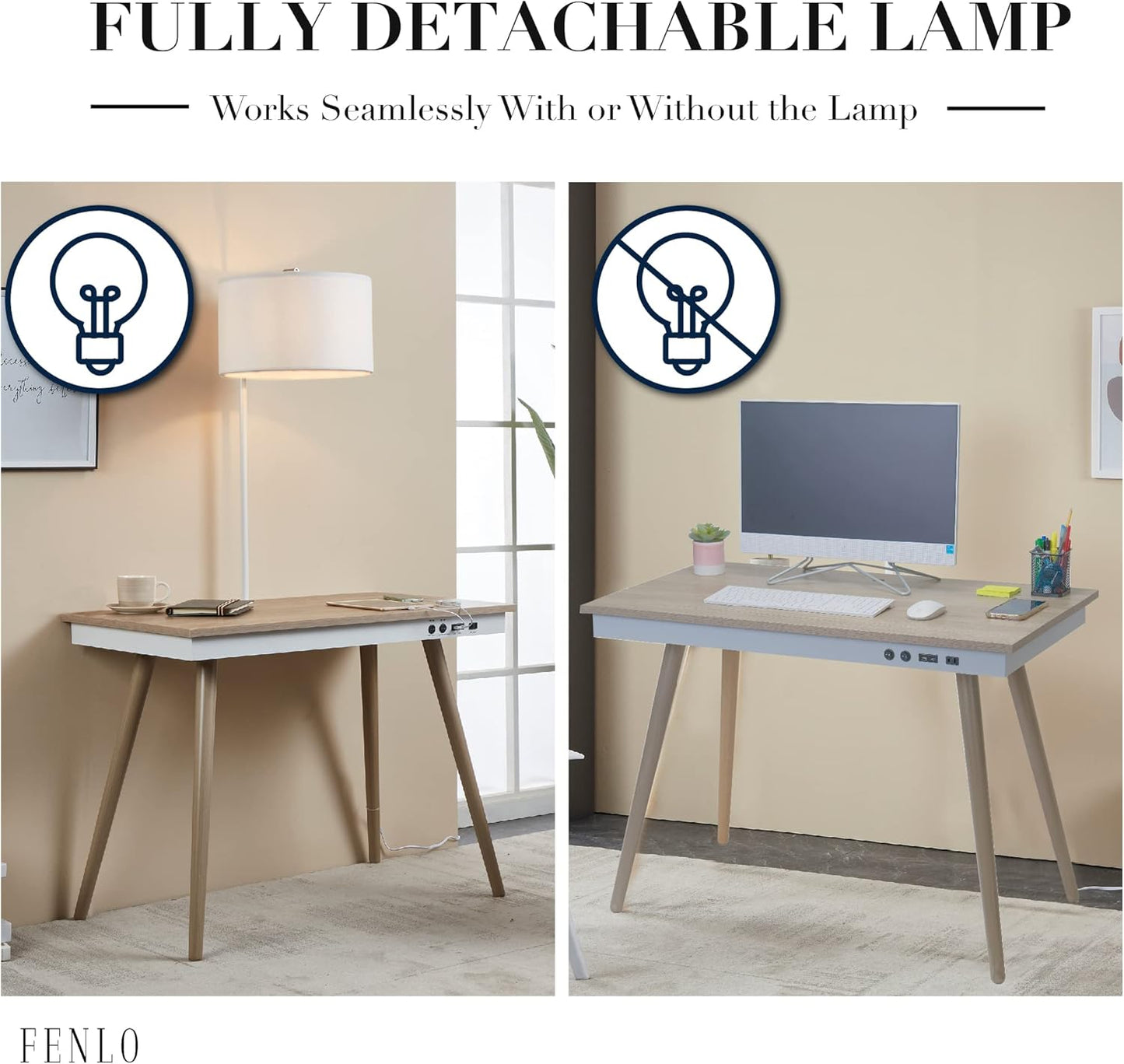 FENLO Future 39" Mid Century Desk for Home Office, Office Table with USB Charging Station, Mid Century Modern Desk with Wireless Charging, USB, and USB-C Ports