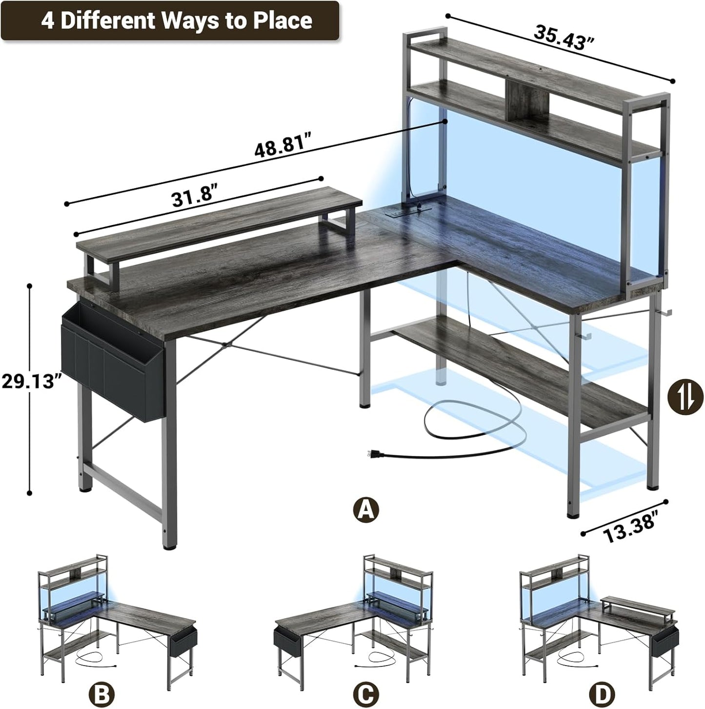 Aheaplus L Shaped Gaming Desk with Power Outlets & LED Lights, Small L- Shaped Desk Computer Corner Desk with Monitor Stand & Storage Shelf, Home Office Desk Writing Desk with Storage Bag, Grey Oak