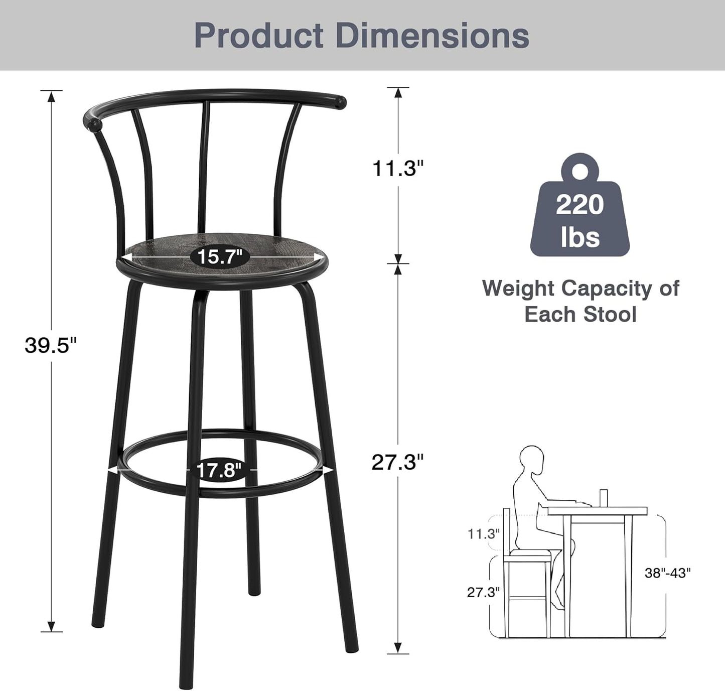 VECELO Bar Stools Set of 2, Swivel Counter Barstools with Backrest, Bar Height Chairs for Dining Room, Kitchen Island, Pub, Easy Assembly, Retro Grey