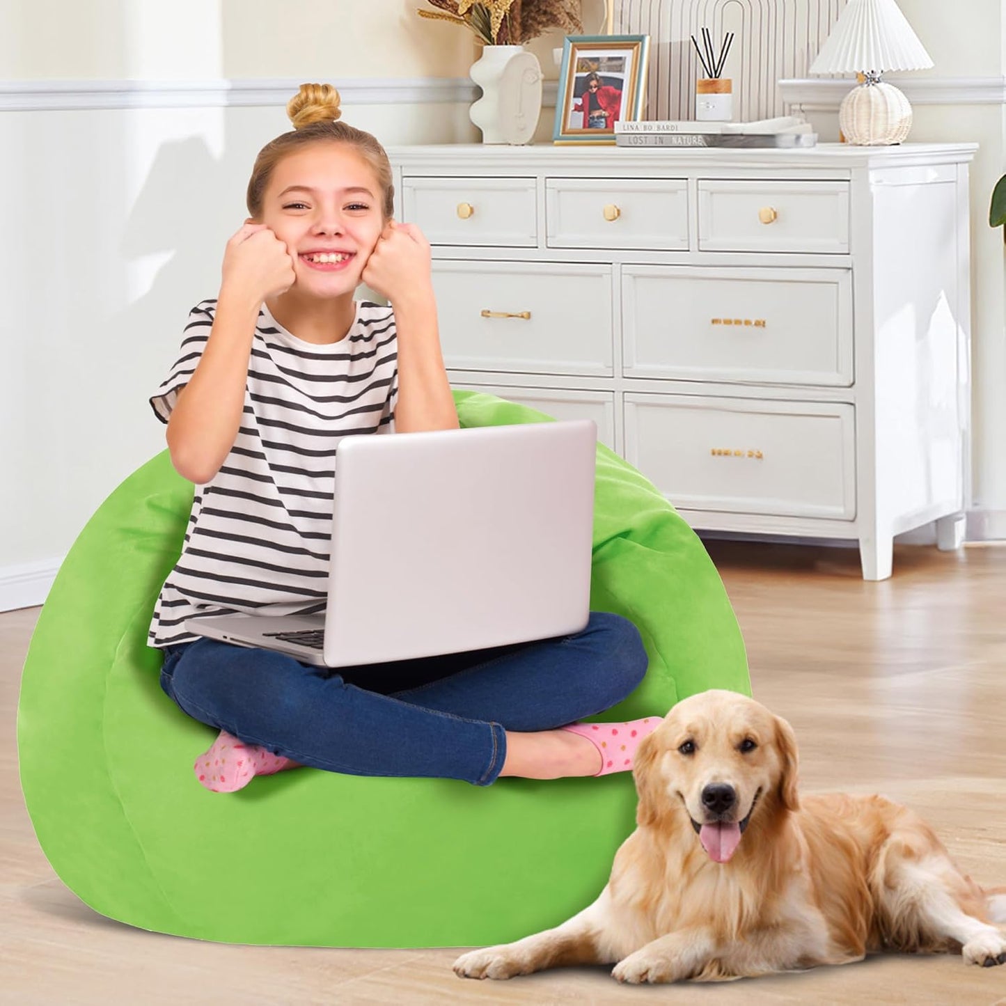 2FT Bean Bag Chair with Ultra Soft Velvet Cover Bean Bag Sofa with Memory Foam Bean Bag Chairs with Large Size Lazy Sofa for Dorm Office Living Room Bedroom Grass Green 2'