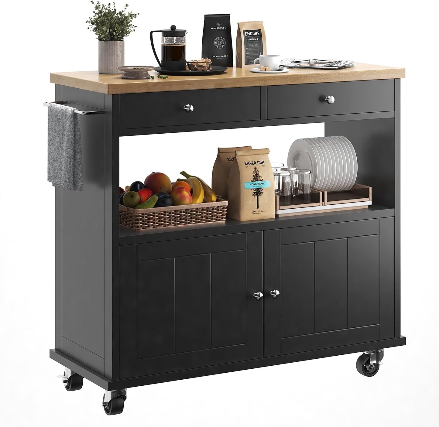 Rolling Kitchen Island with Storage Cabinet, 35.4'' Width Kitchen Cart, 2 Drawers Island Table, Portable Mobile Kitchen Island with Towel Rack, Wood Top and Lockable Wheels, Black