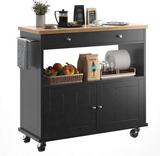 Rolling Kitchen Island with Storage Cabinet, 35.4'' Width Kitchen Cart, 2 Drawers Island Table, Portable Mobile Kitchen Island with Towel Rack, Wood Top and Lockable Wheels, Black