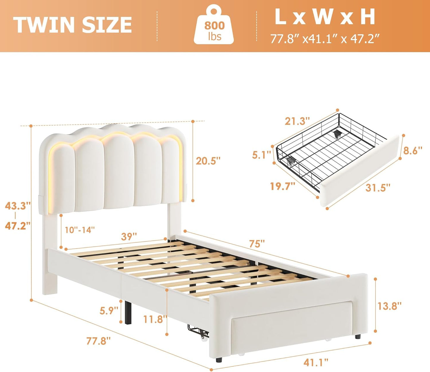 Twin Upholstered LED Bed Frame with Storage Drawer and Adjustable Chic Double Wavy Headboard, Velvet Princess Platform Bed for Kids/Girls, Solid Wood Slats Support, No Box Spring Needed, Beige
