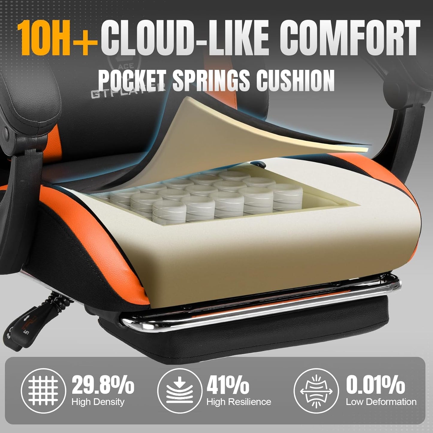 GTRACING Gaming Chair with Foot Rest & Pocket Spring Cushion, Ergonomic High Back Computer Chair with Headrest & 360°-Swivel Seat for Home Office Desk, PU Leather, Orange