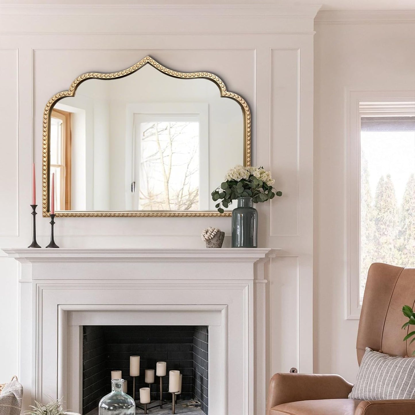 Gold Arched Mirror, 36"x28" Arch Vanity Mirrors for Bathroom, Metal Beaded Frame Ornate Decorative Mirror, Scalloped Vintage Mirrors for Fireplace Bedroom Living Room Entryway Hallway