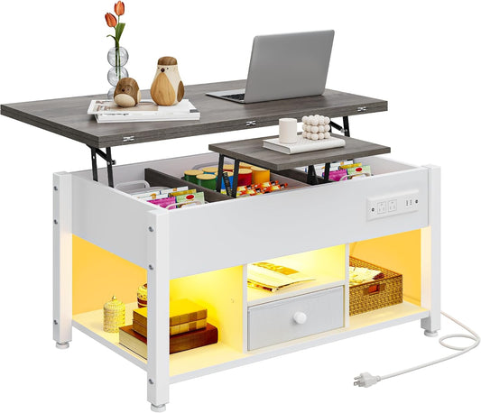 YITAHOME 4-in-1 Lift Top Coffee Table with RGB Light & Dual Tops, Multi-Function Table with Power Outlets, Storage, Converts to Dining Table Computer Desk Gaming Hub, Living Room, Home Office, White