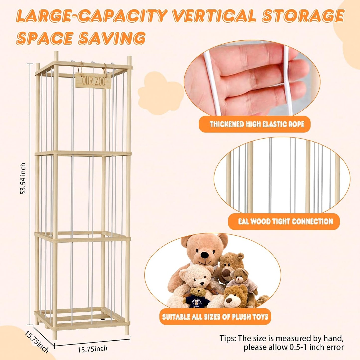 Stuffed Animal Storage, Wood Stuffed Animal Zoo Storage, 54 inch Large Plushy Organizers, Space Save Vertical Stuffed Animals Holder Holds 50+ Stuffed Animals for Nursery Playroom Bedroom (Log Color)