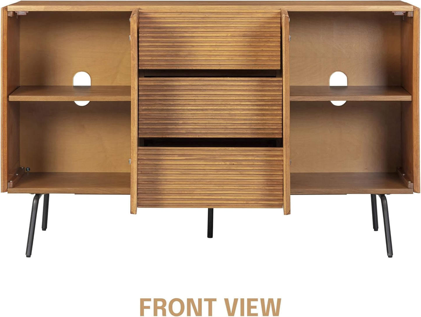 NTC MOSSIC Sideboard with 2 Doors and 3 Drawers, Buffet Cabinet with Natural Rattan and Metal Legs, Modern Storage Cabinet for Living Room, and Hallway, Effortless Assembly, Teak Look