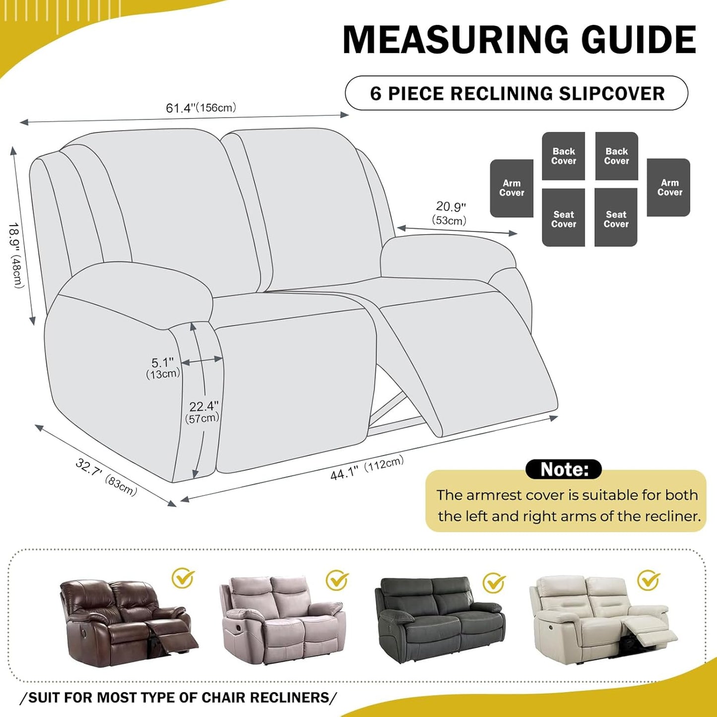 vctops 6 Pieces Geometric Jacquard Plush Recliner Loveseat Slipcovers Soft Fuzzy Fluffy Sofa Couch Cover Anti-Slip Furniture Protector with Elastic Bottom for Kids Cats Dogs(Yellow,2 Seat)