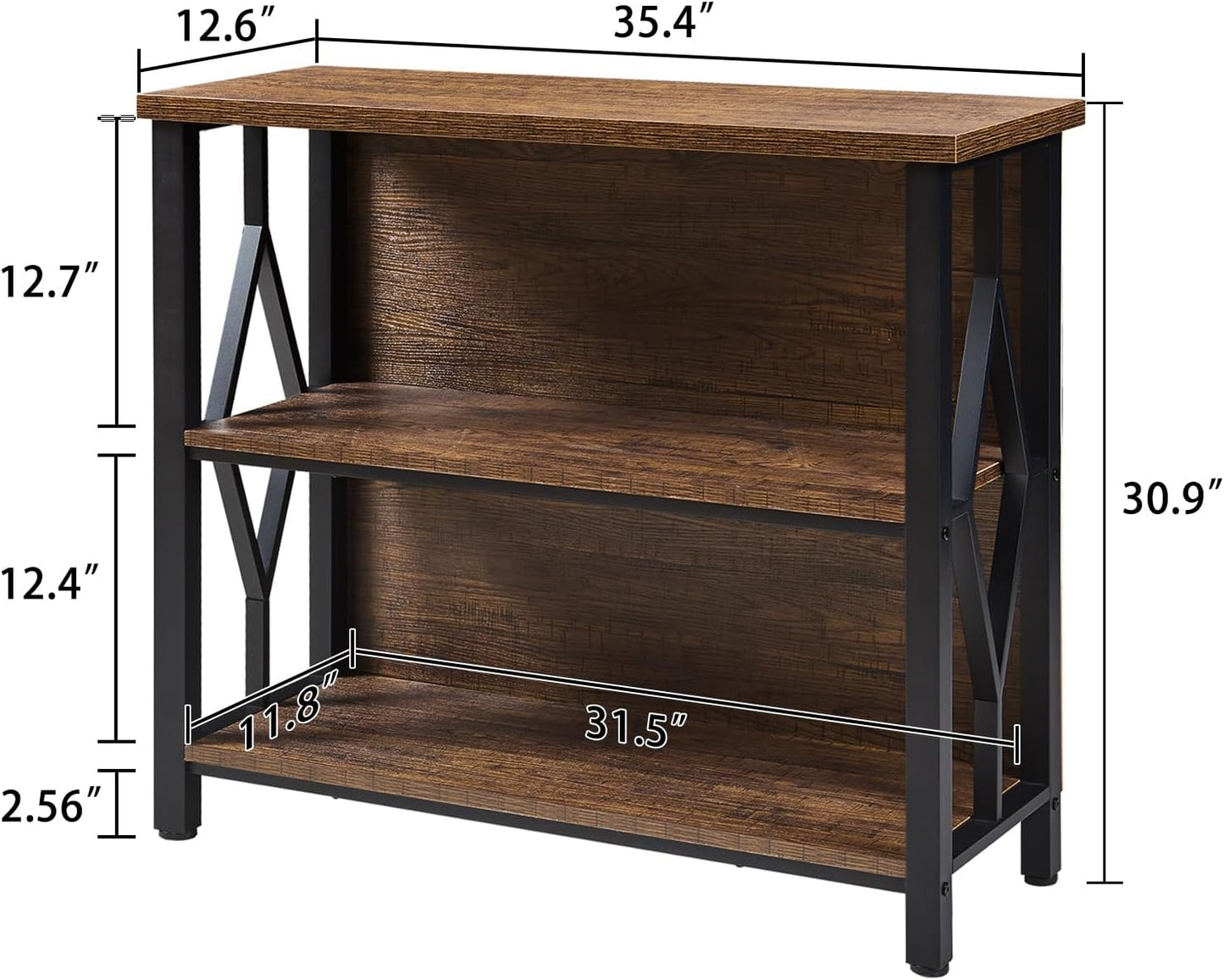 HOMISSUE Bookshelf, 3-Tier Rustic Short Bookshelf, Industrial Shelf Bookcase with Engineered Wood Shelves, Low Bookcase with Storage, Small Shelf for Living Room, Bedroom and Office, Rustic Brown