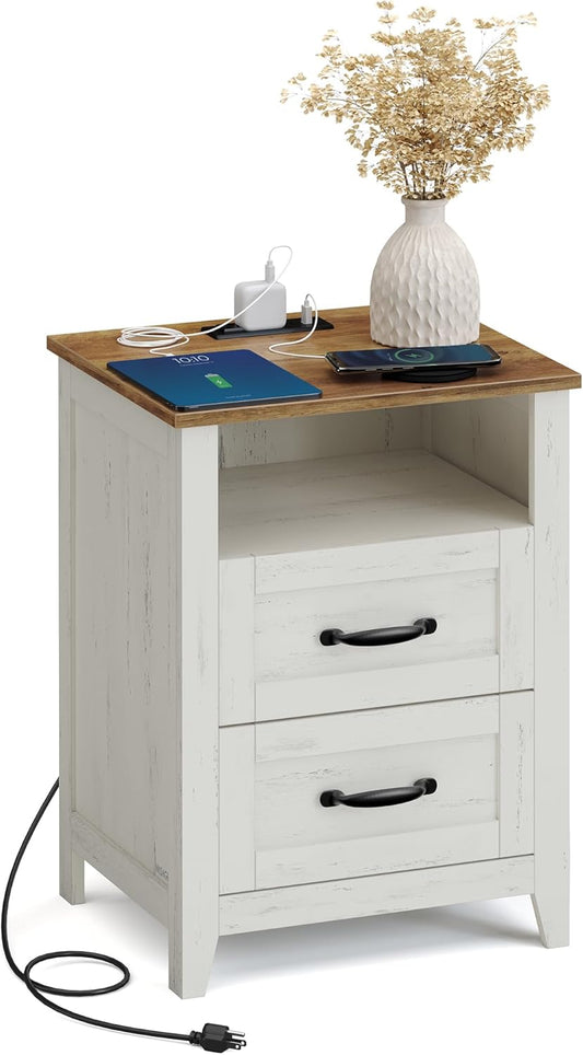 VASAGLE LIRY Collection - Farmhouse Nightstand with Charging Station, Bedside Table, Side Table with 2 Drawers, Open Compartment, for Bedroom, Rustic White and Honey Brown ULET669W0