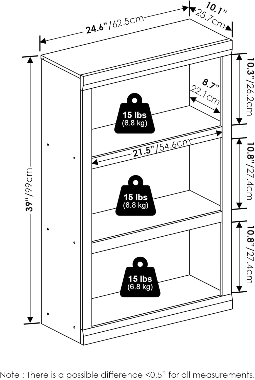 Furinno Rail 3-Tier Open Shelf Bookcase with Classic Style Edges, White
