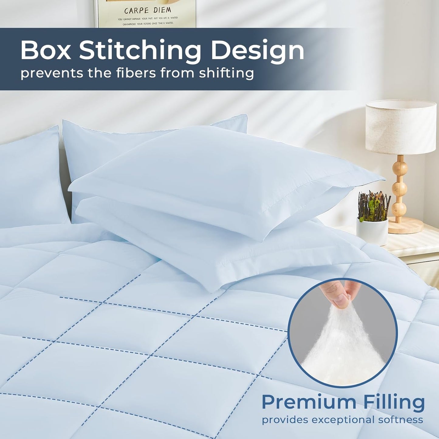 HEVUMYI Light Blue Queen Comforter Set - 7-Piece All Season Bed in a Bag Queen, Ultra Soft Bedding Set with Comforter, Flat Sheet, Fitted Sheet, Pillowcases, Pillow Shams