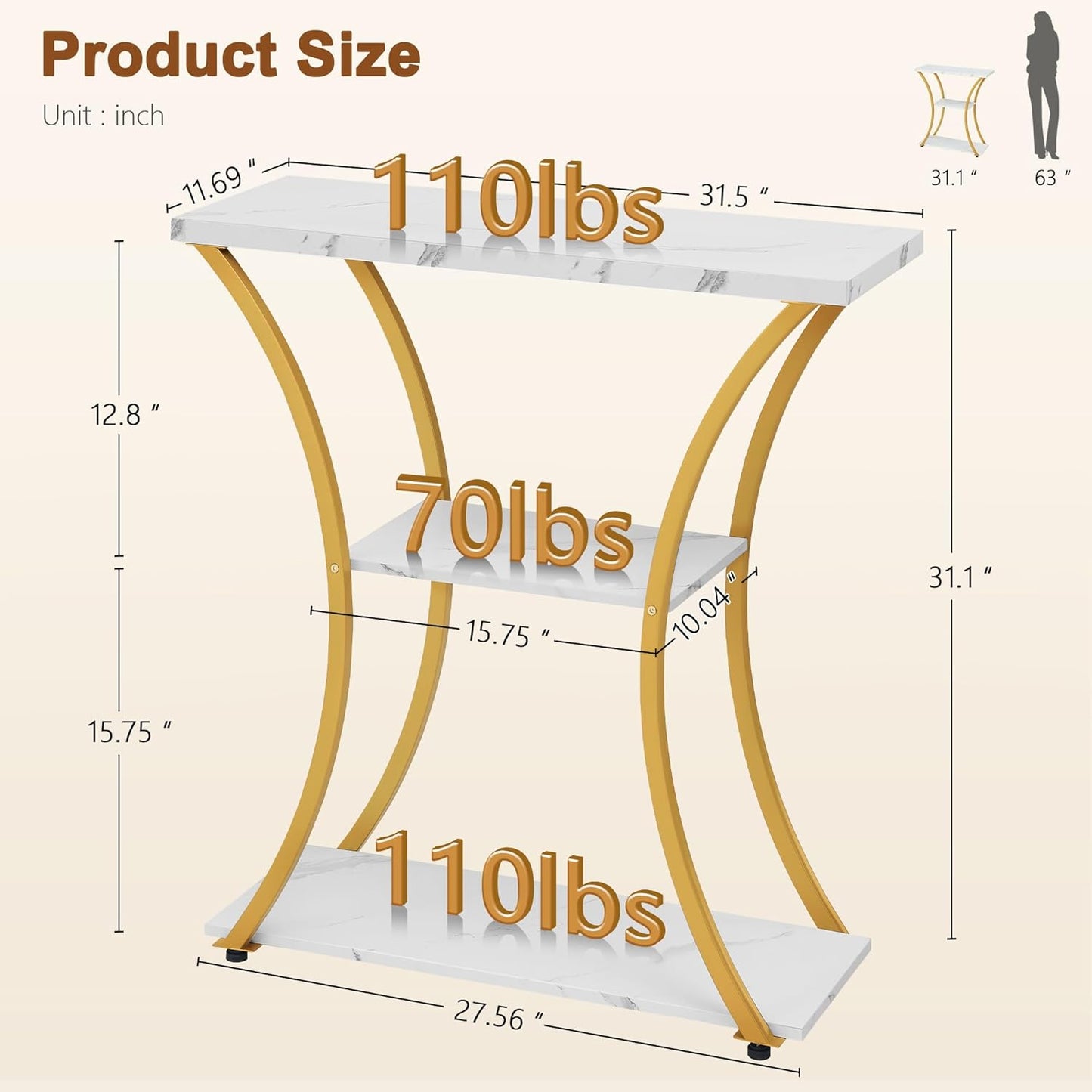 Hoctieon 3 Tier Console Table with Open Wood Shelves, Decorative Entryway Table with Curved Metal Frames, Narrow Sofa Table for Entrance, Living Room, Hallway, Gold and White Marbled