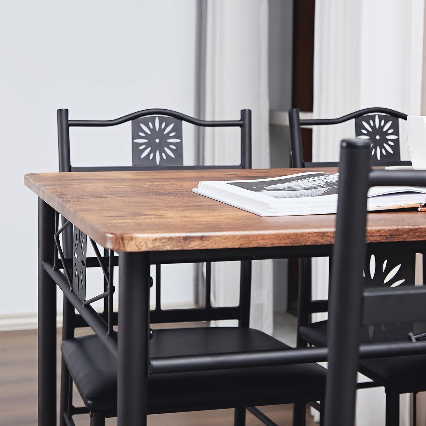 VECELO Kitchen Dining Room Table Sets for 4, 5 Piece Metal and Wood Rectangular Breakfast Nook, Dinette with Chairs, Retro Brown