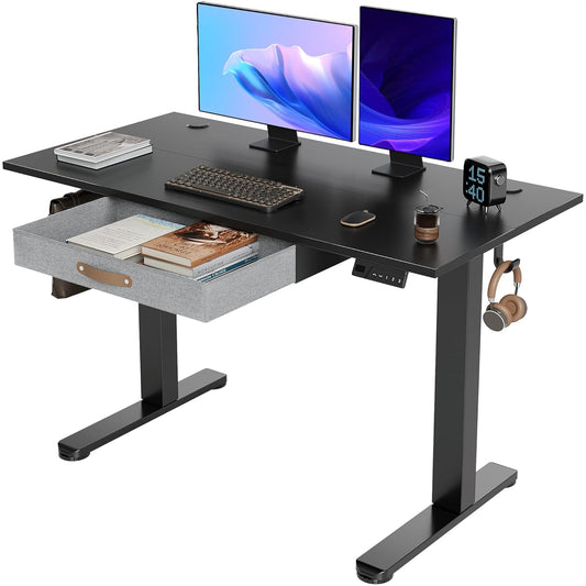 Seang Standing Desk with Drawer, 48" x 24" Height Adjustable Stand Up Desk, 3 Memory Height Settings with Cable Grommets & Storage Hooks, Ideal for Home & Office, Black