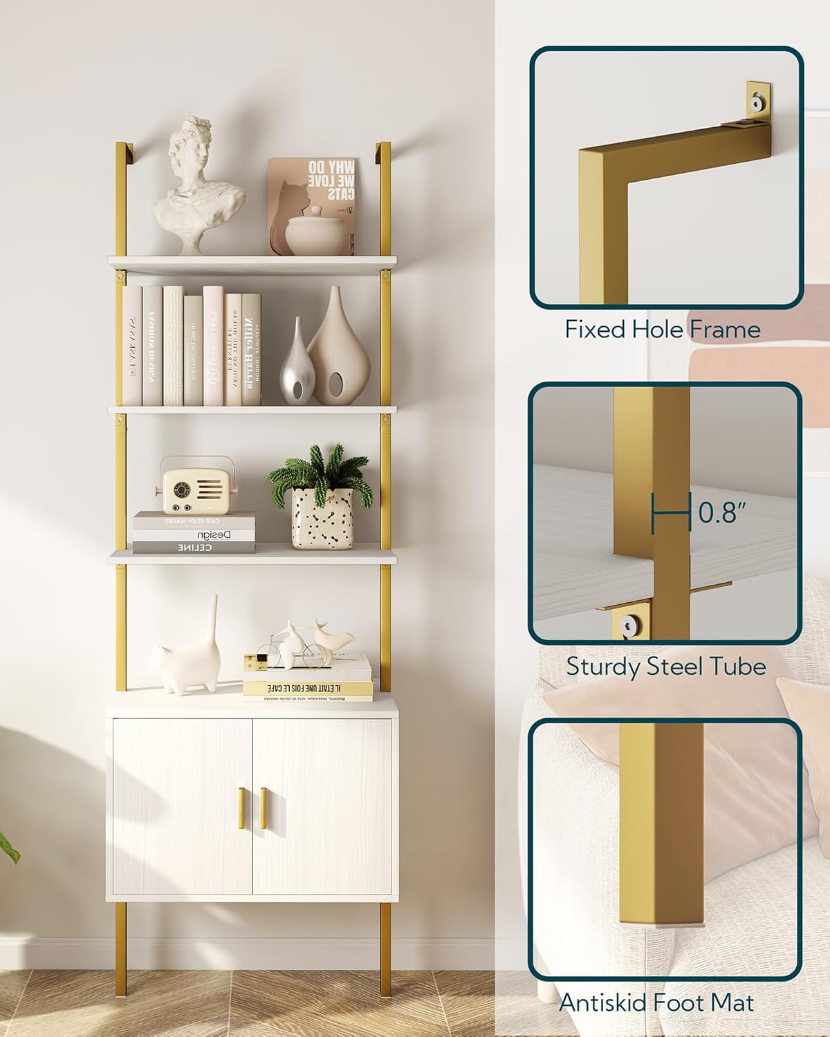 Yusong 73" Tall Bookshelf with Cabinet, Industrial Ladder Wall Mount Shelf Bookcase with Wood and Metal Frame, Plant Shelf Wall Storage Display for Living Room Bedroom, White Gold