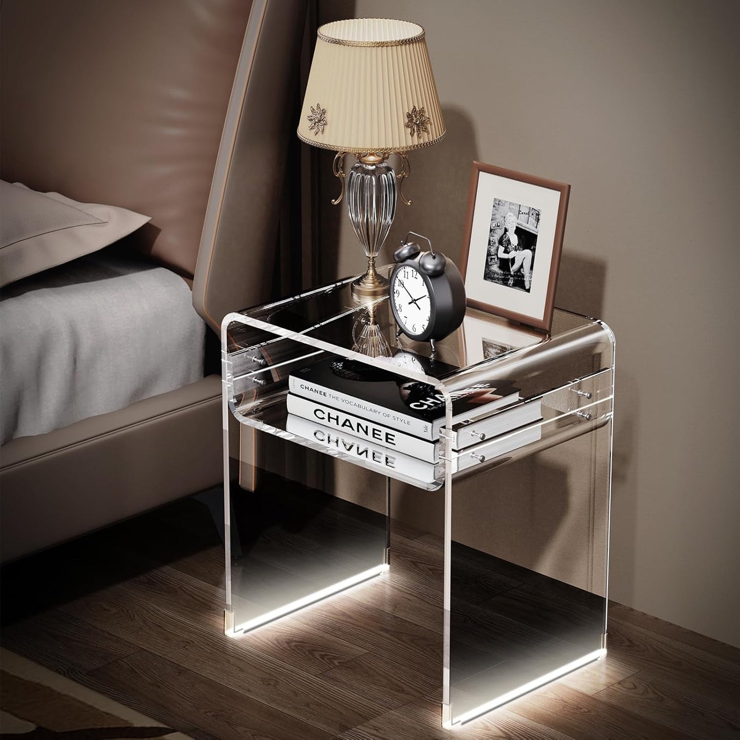 Clear Acrylic End Table 2-Tier Bedside Nightstand for Living Room Bedroom (1, Transparent LED)