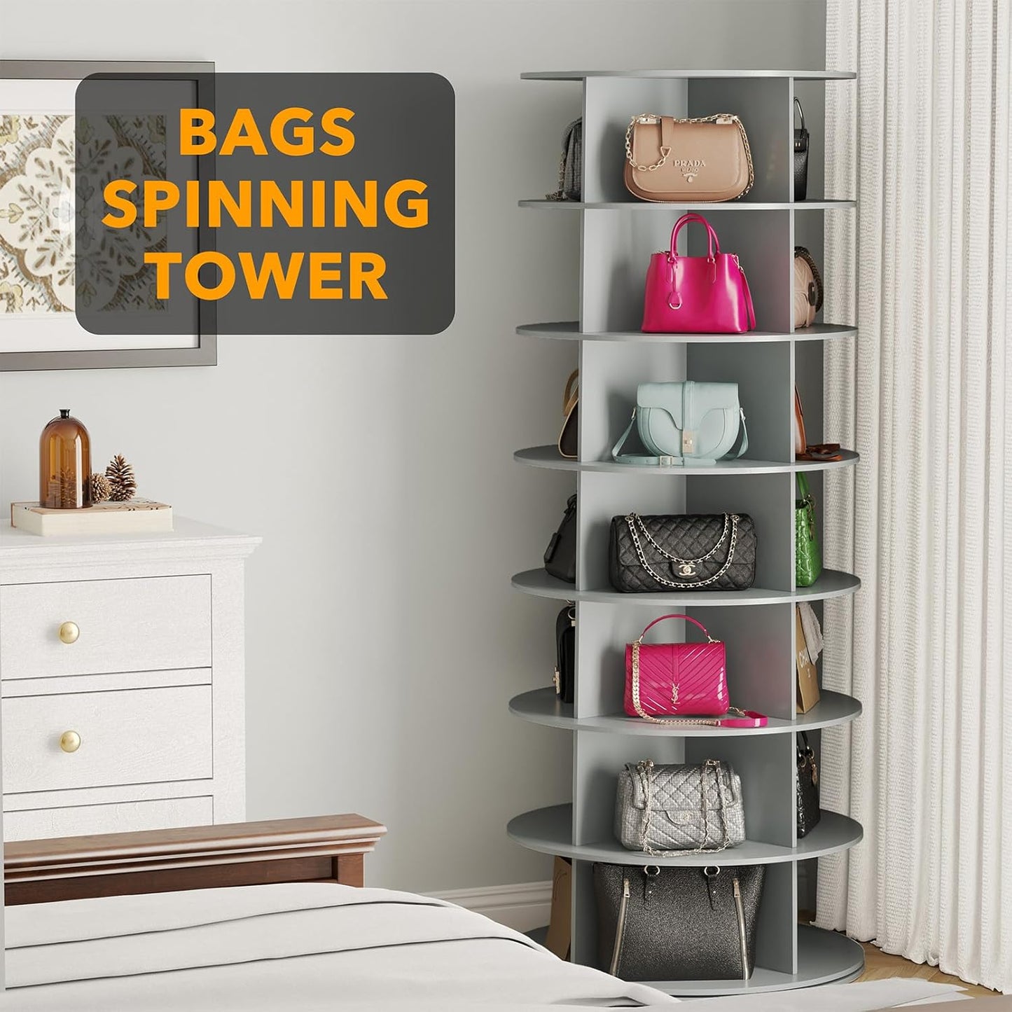 SpaceAid 7 Tier Rotating Shoe Rack Tower, Spinning Shoe Display Lazy Susan, Revolving 360 Shoe Rack Storage Round Carousel, Vertical Handbag Rotate Shoes Closet Organization (7-Tier Gray)