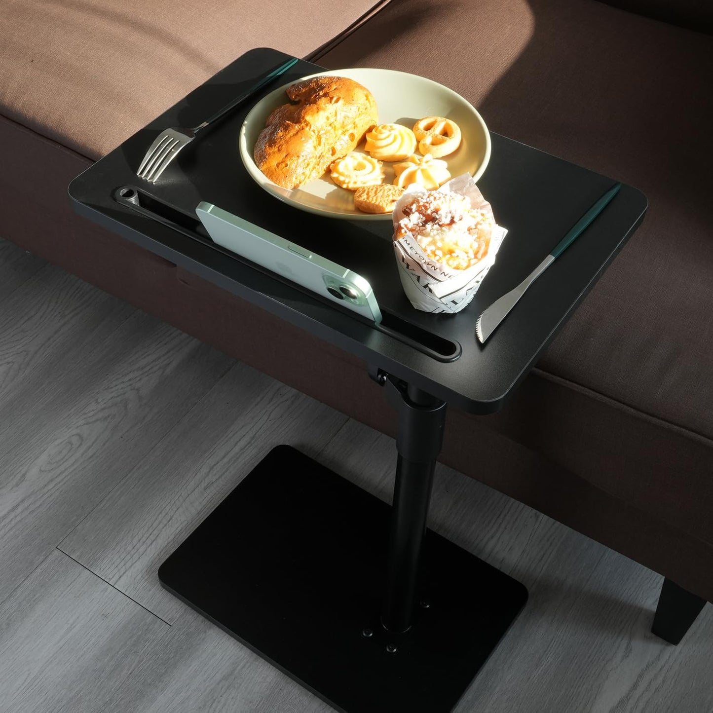 Sofa Armrest Tray Table for Couch - 360° Swivel Height Adjustable End for Small Spaces, Snack Side Table for Bed or Chair with Phone & Tablet Slot (Black,Standard)