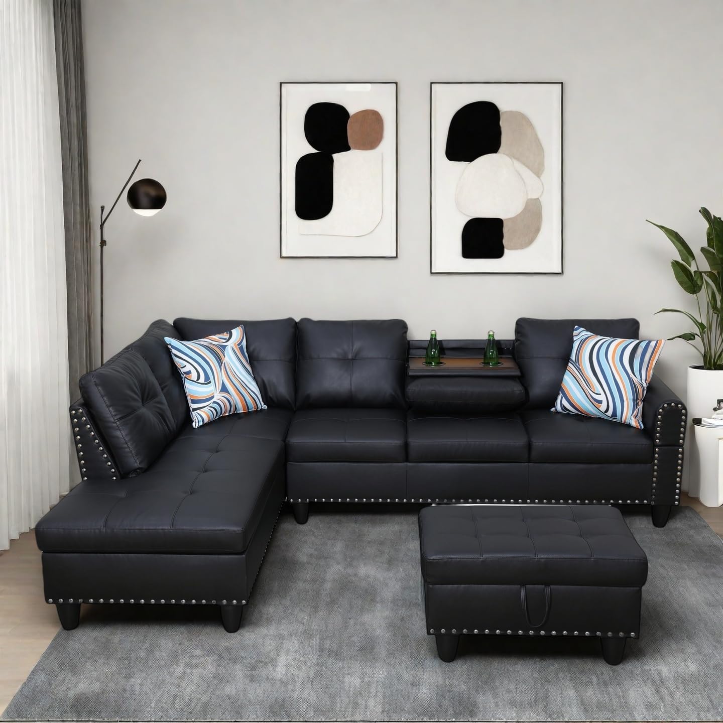 Modern Living Room Furniture Sets with Cup Holder, Modular Sectional Couches with Chaise Lounge, 4-Seaters L Shape Sofa with Storage Ottoman, for Living Room, Faux Leather, Black