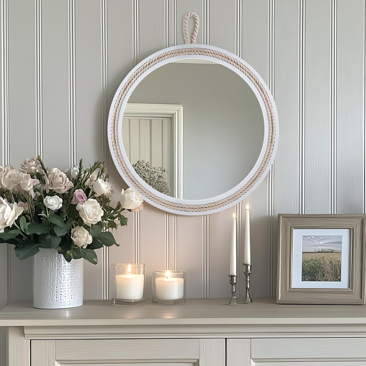 Nautical Round Wall Mirror with Rope 20'' White Circle Hanging Mirror Nursery Coastal Beachy Wall Mirror Decorative Mirror for Bathroom,Livingroom,Entryway-Nautical Theme Décor